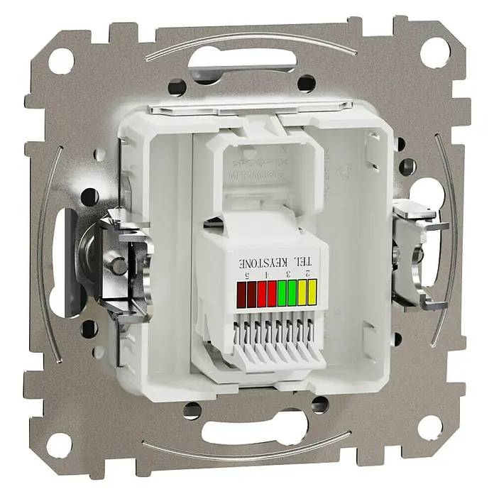 Schneider Electric Sedna Design & Elements Toma de teléfono - Antracita, Instalar, 1 ud. - Primer plano de un módulo Keystone blanco con conectores codificados por color en una caja empotrada, ideal para instalaciones de red.