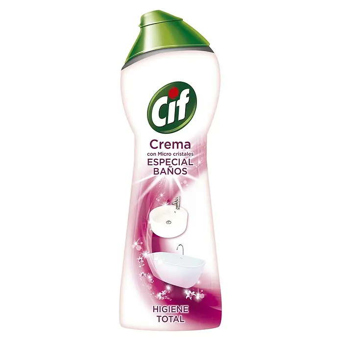 Limpiador concentrado especial Baño - Botella - Imagen de una botella de Cif Crema Limpiador para baños. El limpiador proporciona higiene total con microcristales y es ideal para baños.