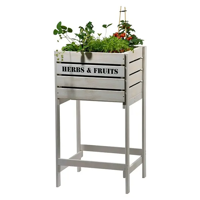 Dobar Hochbeet - 49 x 42 x 90 cm, Holz, Weiß - Hochbeet aus Holz mit der Aufschrift "Kräuter & Früchte" bepflanzt mit Erdbeeren, Kräutern und Tomaten.