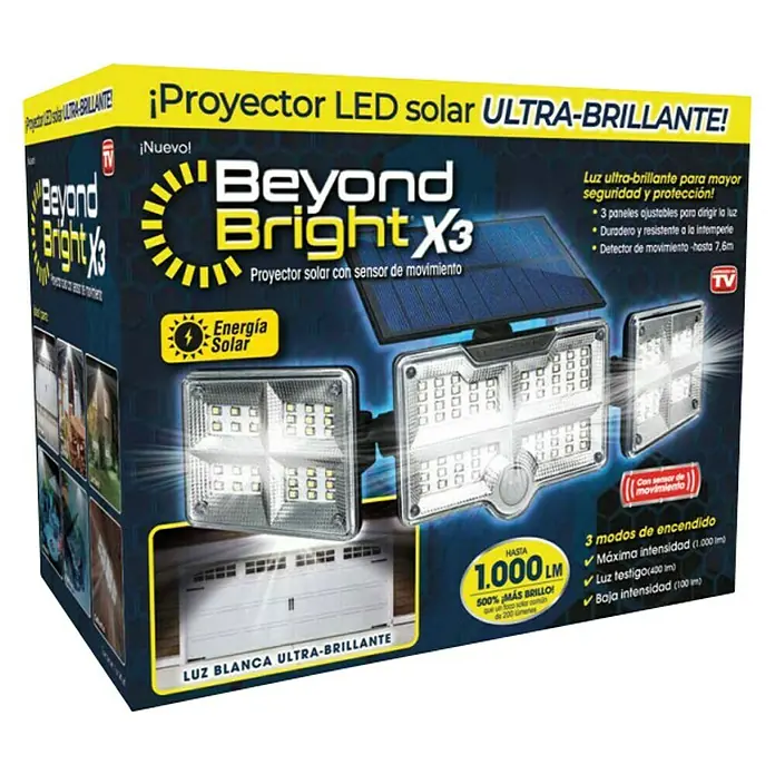 Proyector LED solar Beyong Bight X3 - Blanco frío, 1.000 lm - Caja de foco LED solar Beyond Bright X3 con detector de movimiento, luz ultra brillante para mayor seguridad, ahorro de energía.