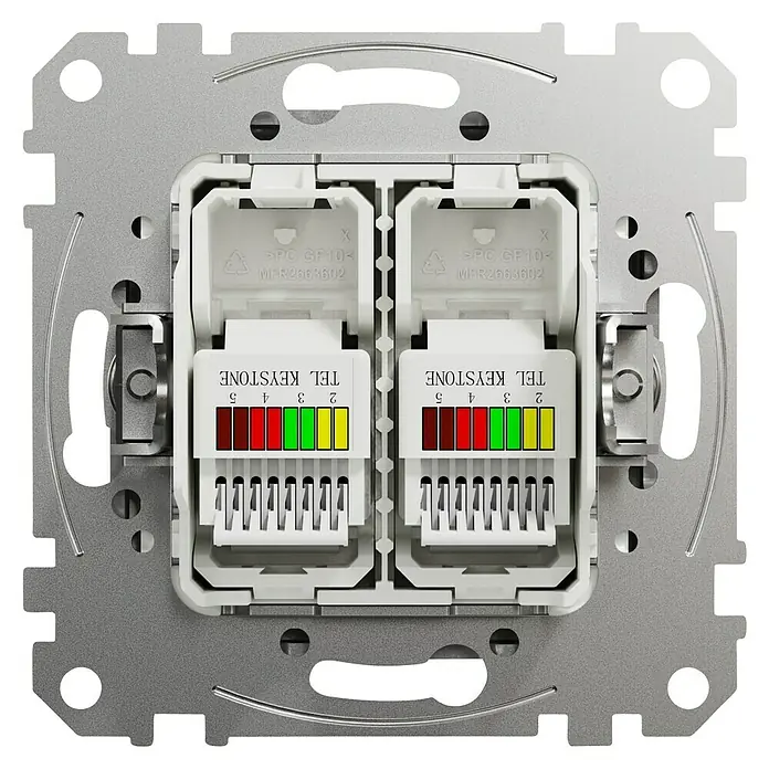Schneider Electric Sedna Design & Elements Toma de teléfono - Aluminio, Empotrar, 2 ud. - Primer plano de un conector Keystone doble en una placa frontal plateada, utilizado para conexiones de red.
