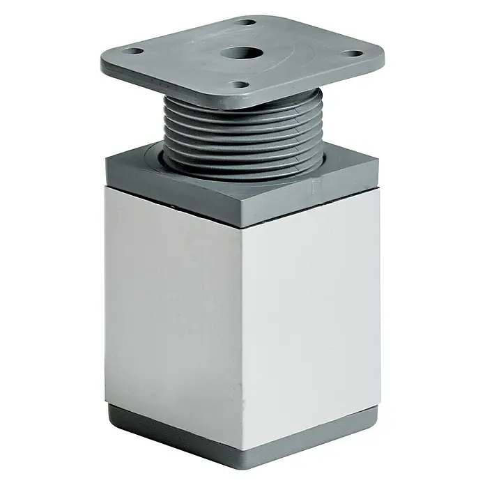 Hettich Möbelfuß - Traglast: 50 kg, Kunststoff, Höhenverstellung: 6 cm - 8 cm, Aluminium - Ein höhenverstellbarer Möbel Fuß mit grauem Befestigungsadapter und einem weißen, würfelförmigen Korpus. Ideal für Möbelanpassungen.