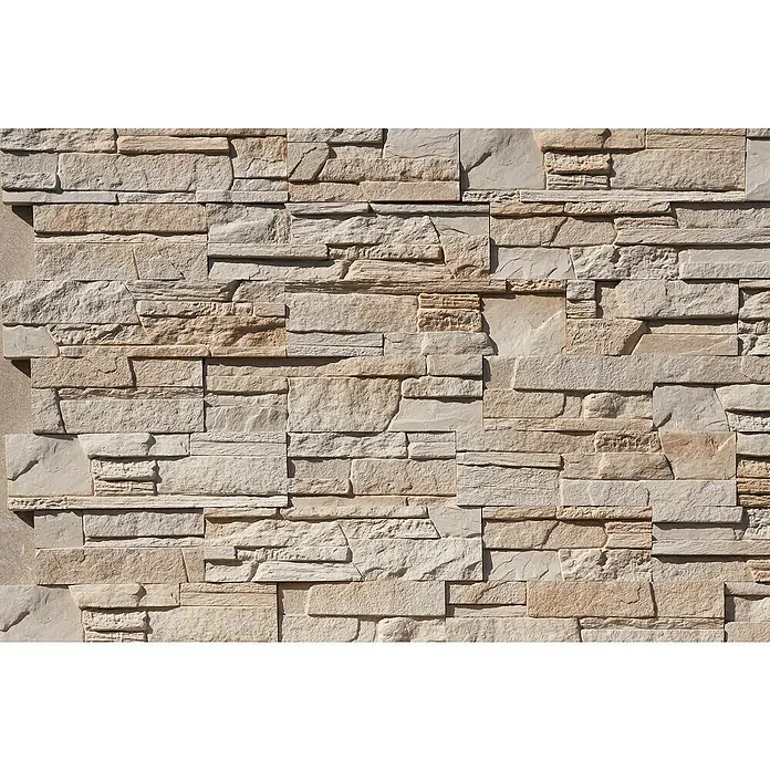 Stegu Verblendstein-Ecke Abra - 33 cm x 18 cm x 10 mm, Beige, Steinoptik - Nahaufnahme einer dekorativen Wand aus Steinimitat in warmen Beigetönen. Ideal für stilvolle Innen- und Außengestaltung.