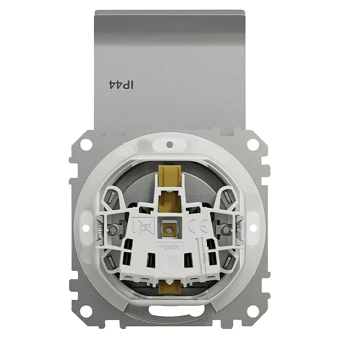 Schneider Electric Sedna Design & Elements Enchufe con tapa - Aluminio, 16 A, Colocar, IP44 - Primer plano de un enchufe Schneider Electric, que combina diseño y funcionalidad.