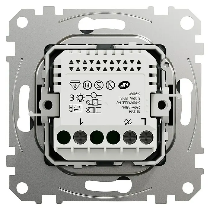 Schneider Electric Sedna Design & Elements Regulador luminoso Universal - Aluminio, Instalar - Primer plano de un regulador de intensidad NH3514, que muestra detalles de conexión y especificaciones técnicas para una instalación precisa.