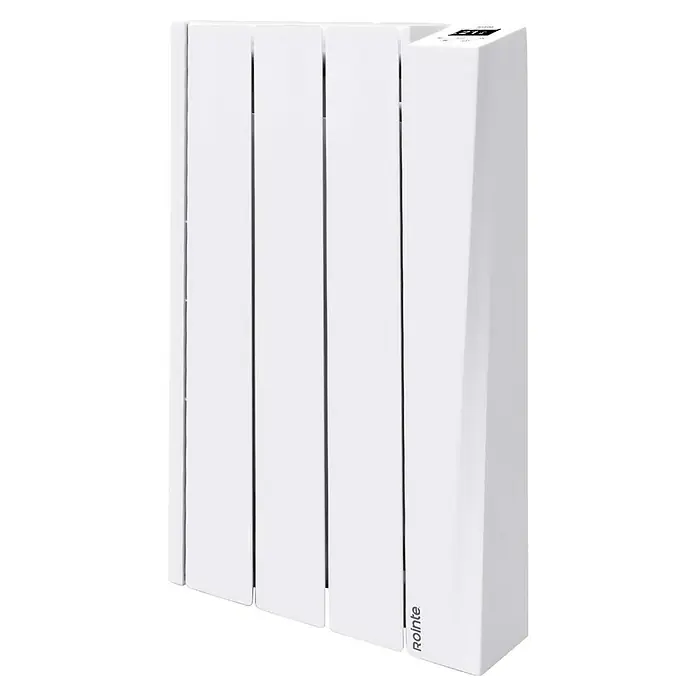 Rointe Emisor térmico Versailles - 500 W, Blanco, 9,5 x 34,5 x 58,5 cm, Fluido - Detalle de un radiador eléctrico Rointe blanco, destacando su diseño elegante y la tecnología moderna para una calefacción eficiente de espacios.