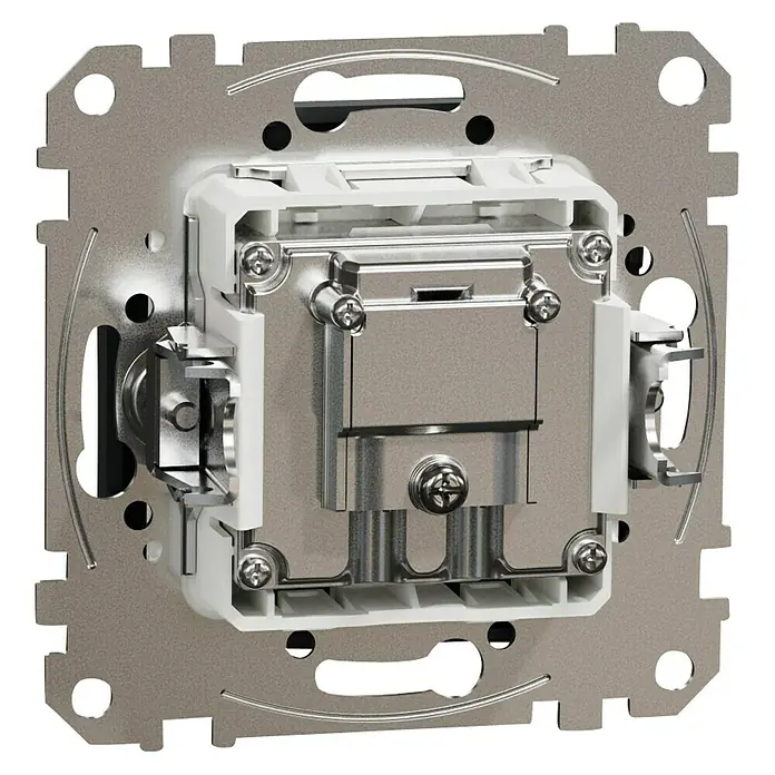 Schneider Electric Sedna Design & Elements Pieza insertada para caja de antena 4dB Final - Blanco - Primer plano de un interruptor con marco metálico e interior blanco, utilizado para instalaciones eléctricas.