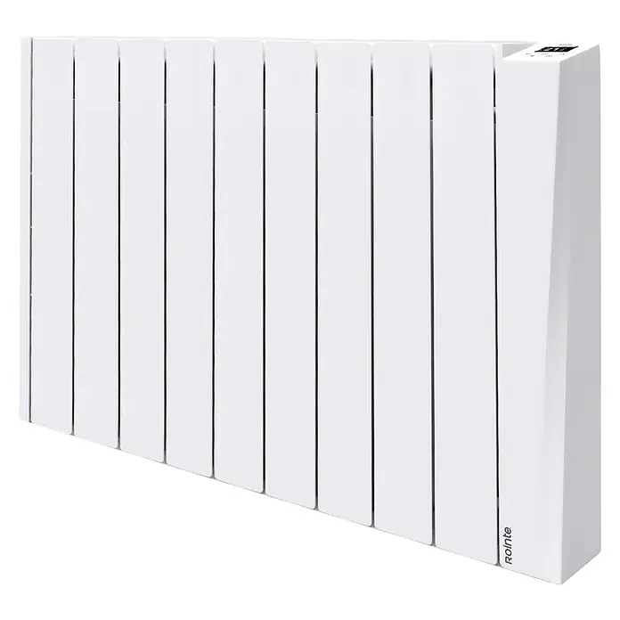 Rointe Emisor térmico Versailles - 1.500 W, Blanco, 9,5 x 82,7 x 58,5 cm, Fluido - Radiador eléctrico Rolinte blanco con múltiples aletas y una pequeña pantalla, ideal para calefacción eficiente y diseño moderno de espacios.
