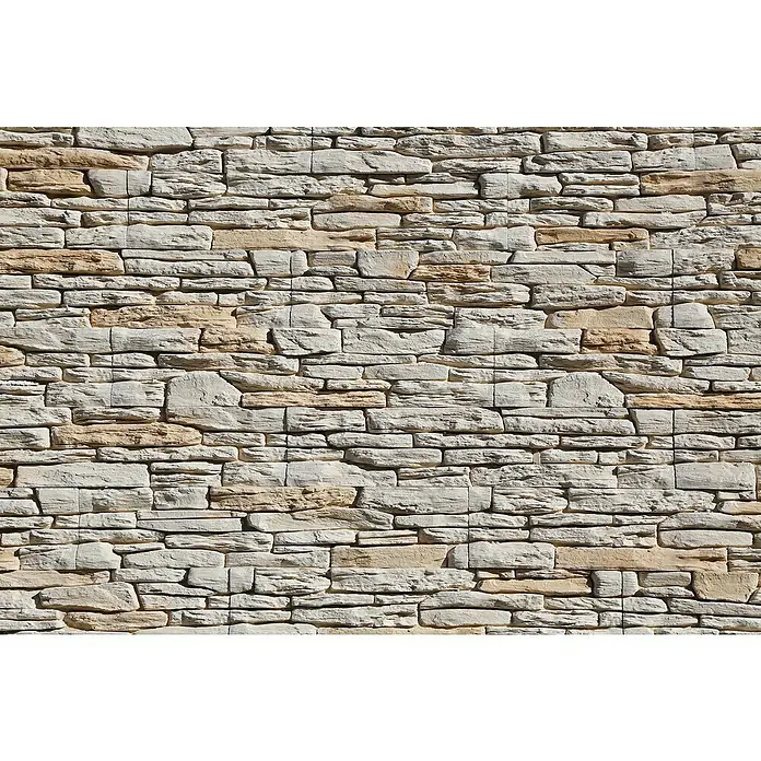 Stegu Verblendstein Porto - 11 x 54 cm, Beige, Steinoptik - Nahaufnahme einer dekorativen Steinwand mit horizontalen, hellen Steinen in verschiedenen Größen und Farbtönen.