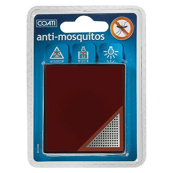Coati Antimosquitos enchufable - Rojo, 230 V - Imagen de un producto anti-mosquitos de Coati en un envase de plástico transparente con fondo azul.