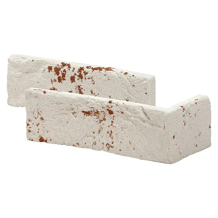 Stegu Verblendstein Country 680 - 20,5 x 6,2 cm, Hellgrau, Steinoptik - Nahaufnahme von zwei dekorativen, weiß gewaschenen Ziegeln mit rotem Akzent, ideal für rustikale Wandverkleidungen.