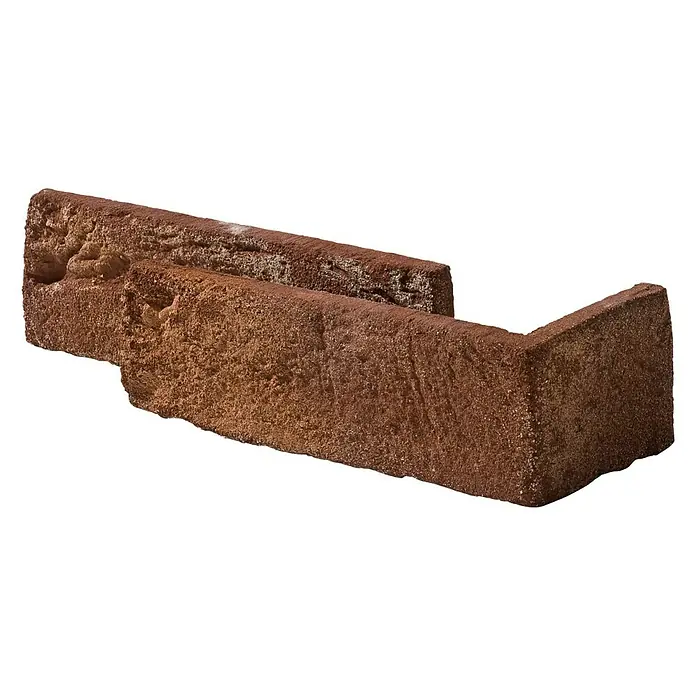Stegu Verblendstein Country 640 - 20,5 x 6,2 cm, Braun/Rot, Steinoptik - Nahaufnahme eines Eckformsteins in Terrakotta, ideal für Mauerwerk.