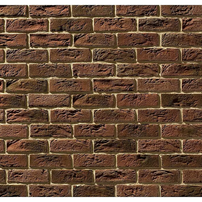 Stegu Verblendstein Country 640 - 20,5 x 6,2 cm, Braun/Rot, Steinoptik - Eine Nahaufnahme einer roten Backsteinmauer, die eine rustikale und robuste Textur für den Bau oder die Dekoration zeigt.