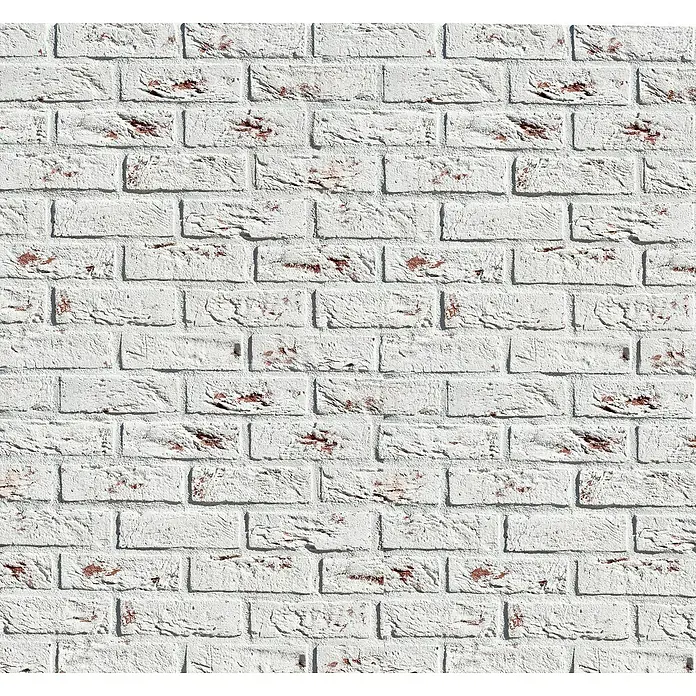 Stegu Verblendstein Country 680 - 20,5 x 6,2 cm, Hellgrau, Steinoptik - Weiße Ziegelwand mit leicht verwitterter Oberfläche, die eine rustikale und dennoch moderne Ästhetik erzeugt, ideal für Hintergründe.
