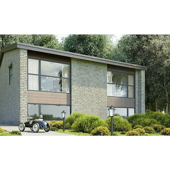 Stegu Verblendstein Country 680 - 20,5 x 6,2 cm, Hellgrau, Steinoptik - Moderne Ziegelsteinfassade mit großen Fenstern und stilvoller Außenbeleuchtung, die das architektonische Design hervorhebt.