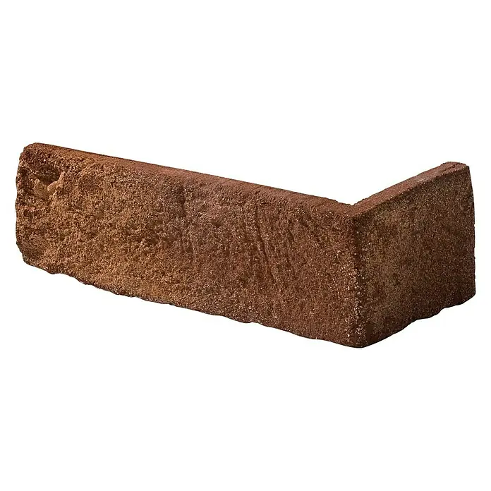 Stegu Verblendstein-Ecke Country 640 - 20,5 cm x 9,5 cm x 14 mm, Braun/Rot, Steinoptik - Nahaufnahme eines Eckformstücks aus rustikalem Ziegelstein in warmen Erdtönen, ideal für architektonische Details und dekorative Bauprojekte.