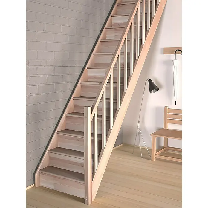 Sogem Escalera principal Tradi Eco - Haya, Ancho: 82 cm, Recto, Altura de planta: 280 cm - La escalera de madera con barandilla y peldaños claros ofrece un ascenso seguro, ideal para interiores modernos con ambiente acogedor.