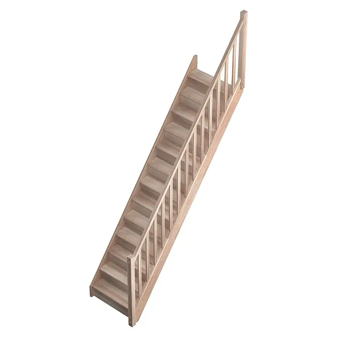 Sogem Escalera principal Tradi Eco - Haya, Ancho: 82 cm, Recto, Altura de planta: 280 cm - Una escalera de madera con barandilla, ideal para interiores, muestra un diseño natural y robusto.