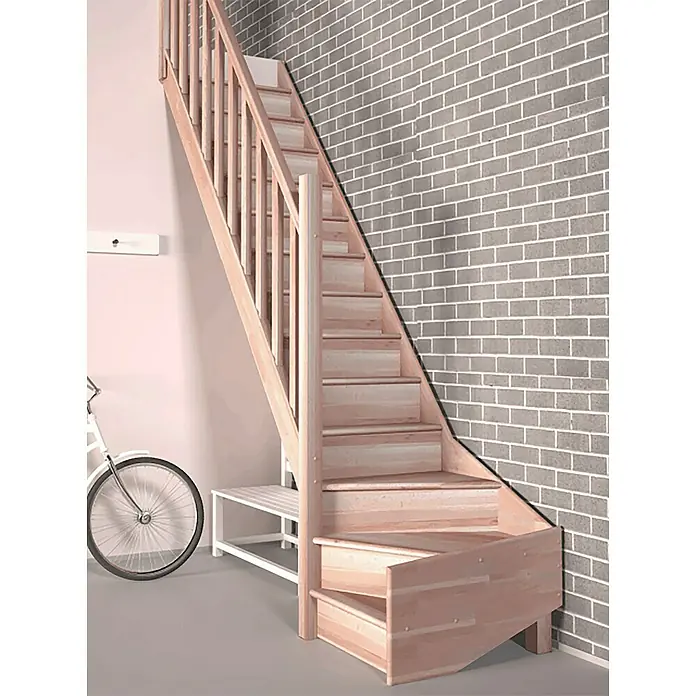 Sogem Escalera principal Tradi Eco - Haya, Ancho: 82 cm, 1/4 espiral izquierda, Altura de planta: 280 cm - Una escalera de madera que ahorra espacio, con pasamanos y solución de almacenamiento. Ideal para pisos pequeños y casas que necesitan espacio.