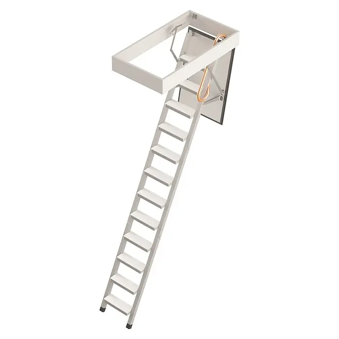 Sogem Escalera escamoteable EcoSteel - 120 x 60 cm, Aislamiento térmico: 1,2 W/(m²K) - Una escalera plegable para ático hecha de metal blanco con un gancho color cobre para bajar la escalera sobre un fondo negro.