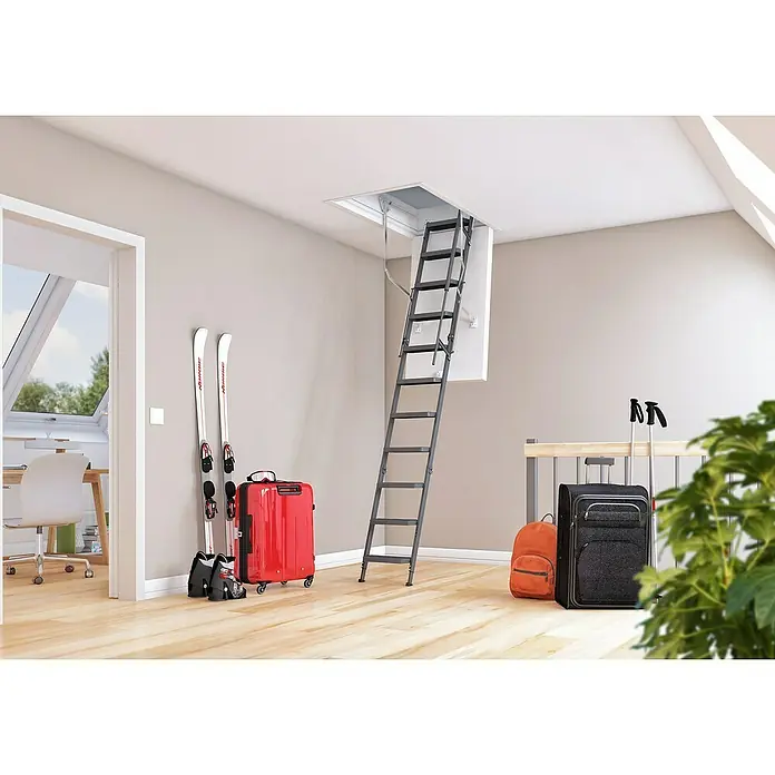 Sogem Escalera escamoteable Isoclic Pro Confort - 120 x 60 cm, Aislamiento térmico: 0,49 W/(m²K) - Escalera metálica de ático que se extiende desde el techo, con equipaje, esquíes y bastones, perfecta para acceso de temporada.