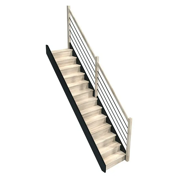 Sogem Escalera principal Liverpool horizontal - Ancho: 82 cm, Roble natural, Recto, Número de niveles: 13 ud. - Escalera con madera clara, paneles laterales negros y barandilla negra con marco de madera clara para un diseño moderno y elegante.
