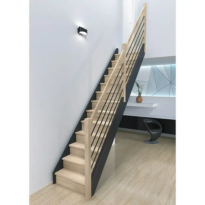 Sogem Escalera principal Liverpool horizontal - Ancho: 82 cm, Roble natural, Recto, Número de niveles: 13 ud. - Escalera moderna con escalones de madera clara, marco negro y barandilla con barras de metal negro. El diseño minimalista complementa los interiores modernos.