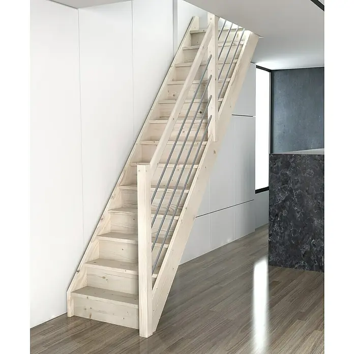 Sogem Escalera principal Trendy Eco - Abeto, Ancho: 82 cm, Recto, Altura de planta: 280 cm - Escalera de madera clara con barandilla metálica en una casa moderna. La escalera conduce a un piso superior y es un punto focal.