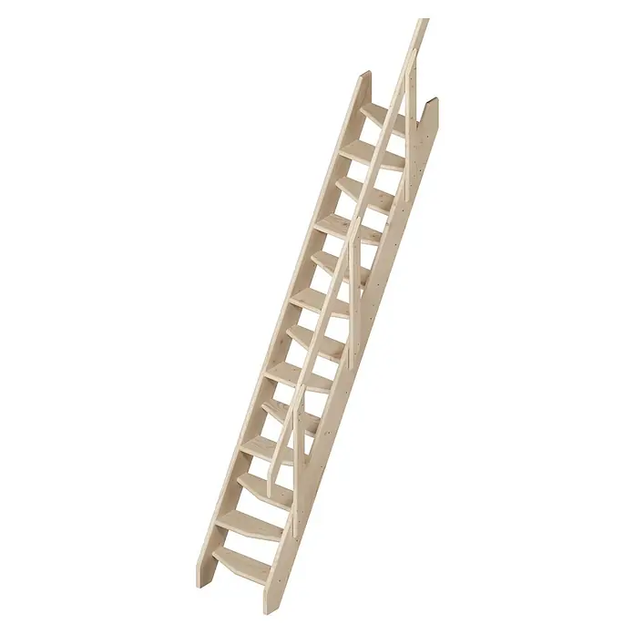 Sogem Escalera principal Kyoto - Ancho: 57 cm, Abeto, Recto, Número de niveles: 13 ud. - Una escalera de madera clara con barandilla, que conduce hacia arriba. Ideal para áticos o espacios pequeños, con un diseño sencillo y compacto.