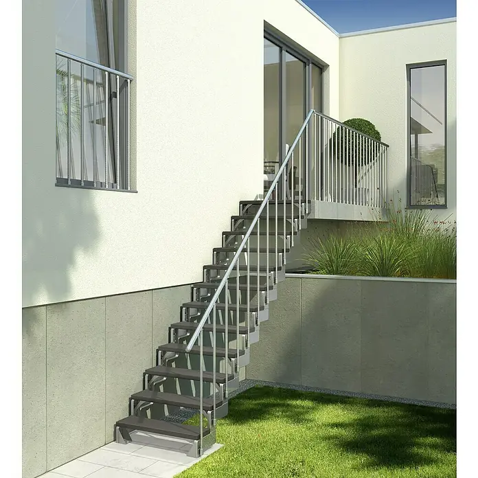Sogem Escalera exterior Gardentop - Ancho: 80 cm, Número de escalones: 12 ud., Recto, Antracita - Escalera exterior con barandillas plateadas que conducen a un edificio.