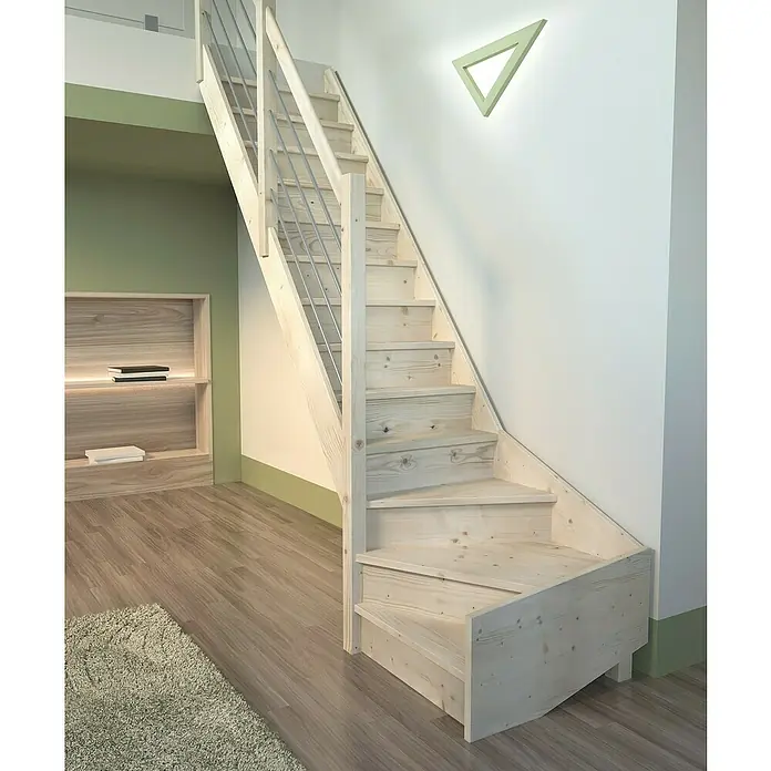 Sogem Escalera principal Trendy Eco - Abeto, Ancho: 82 cm, 1/4 espiral izquierda, Altura de planta: 280 cm - Una escalera de madera moderna con barandilla de acero inoxidable, instalada en una habitación luminosa, complementando un interior contemporáneo.