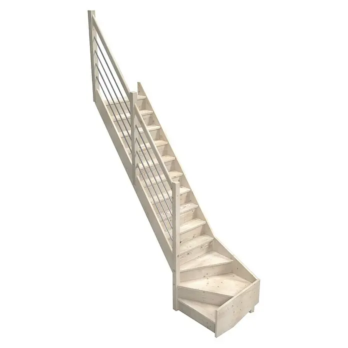 Sogem Escalera principal Trendy Eco - Abeto, Ancho: 82 cm, 1/4 espiral izquierda, Altura de planta: 280 cm - Escalera de madera con barandilla de acero inoxidable, diseño luminoso, ideal para interiores modernos. Estable y elegante, un adorno para el hogar.