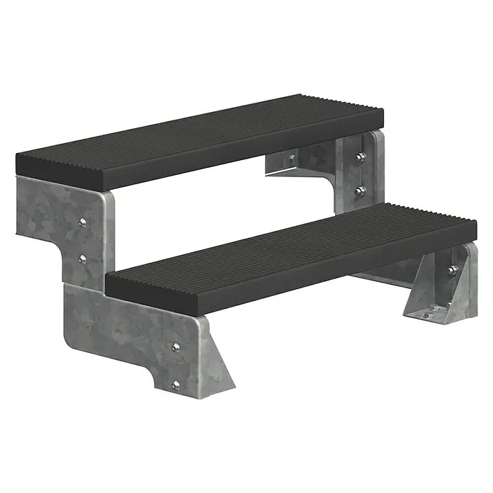 Sogem Escalera exterior Gardentop - Ancho: 80 cm, Número de escalones: 2 ud., Recto, Antracita - La imagen muestra una escalera de dos peldaños con estructura metálica. Los peldaños son de goma gris acanalada, diseñados para un uso antideslizante y robusto.