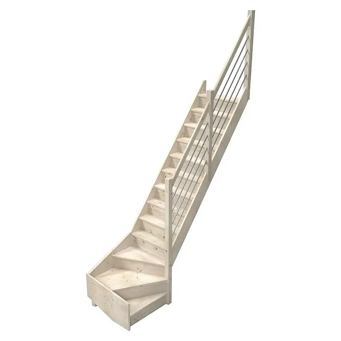 Sogem Escalera principal Trendy Eco - Abeto, Ancho: 82 cm, 1/4 espiral derecha, Altura de planta: 280 cm - Escalera de madera con barandilla. La escalera tiene un tono de madera claro y es adecuada para uso interior.