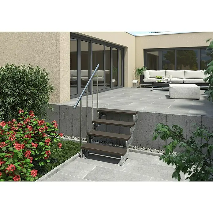 Sogem Escalera exterior Gardentop - Ancho: 80 cm, Número de escalones: 4 ud., Recto, Antracita - Escalera exterior de madera y metal con pasamanos, junto a un patio con zona de estar, la escalera conduce a un patio elevado.