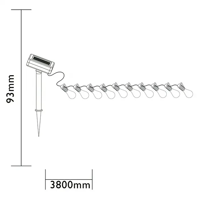 Luxform Guirnalda luminosa solar Alicante - Largo: 380 cm, LED - Ilustración de una cadena de luces solares con estaca, etiquetada con dimensiones de 93 mm (altura) y 3800 mm (longitud).