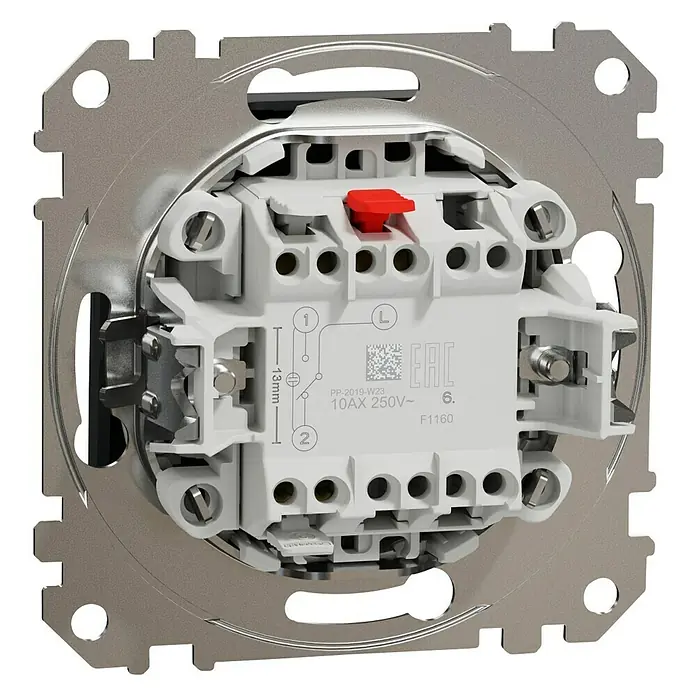 Schneider Electric Sedna Design & Elements Conmutador - Blanco, 10 A, Instalar - Primer plano de la parte posterior de un interruptor de luz moderno que muestra los terminales y detalles técnicos.