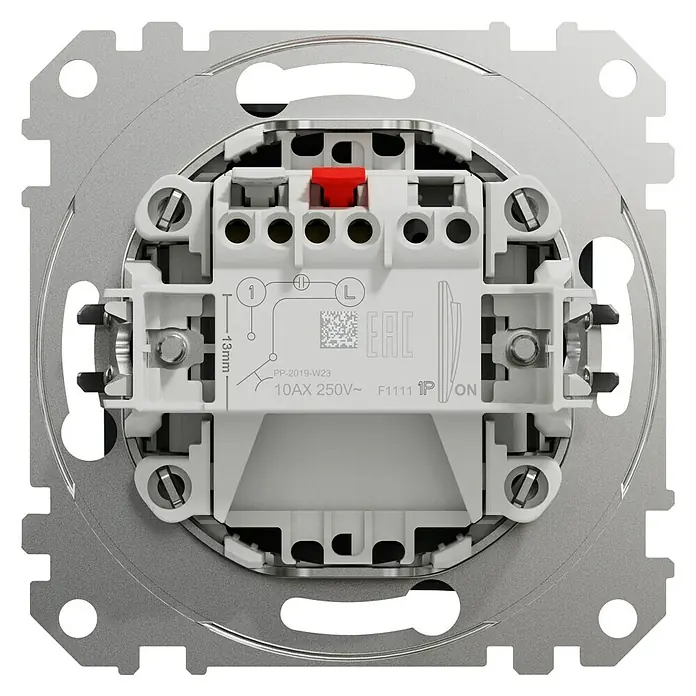 Schneider Electric Sedna Design & Elements Pulsador para estancias con humedad - Blanco, Montaje en superficie, IP20 - Primer plano de un interruptor de dos vías Busch-Jaeger que muestra etiquetas y especificaciones técnicas.