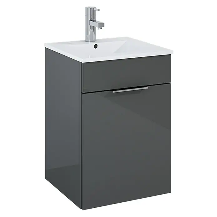 Badmöbel-Set Qubo Plus - Gesamtbreite Badmöbel: 40 cm, Anthrazit, Hochglänzend, 2 -tlg. - Modernes Badezimmer-Waschbecken mit Unterschrank in Grau und weißem Aufsatzwaschtisch. Zeitloses Design für jedes Badezimmer.