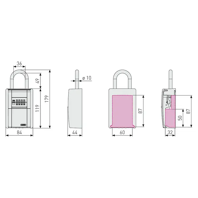 Abus Key Garage Schlüsselbox 797 BIG MIT BUEGEL - Geeignet für: Schlüssel, L x B x H: 62 x 84 x 178 mm - Dimensionszeichnung des Schlüsselsafes mit Maßen in Millimetern.