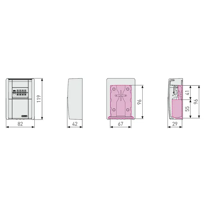 Abus Schlüsselbox Key Garage 787 - Geeignet für: Bis zu 20 Schlüssel, L x B x H: 45 x 80 x 120 mm, Ohne LED-Beleuchtung - Schematische Darstellung eines Schlüsselsafes mit Bemaßungen für Höhe, Breite und Tiefe zur Produktinformation.