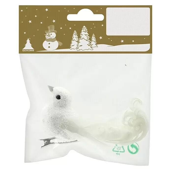 Dekoartikel Glitzervogel mit Clip - Weiß, Polystyrol - Weiße Glitzer-Vogeldekoration mit Feder-Schwanz und Clip, in Klarsichtbeutel mit festlichem goldenem Kopfstück (Schneemann, Bäume).
