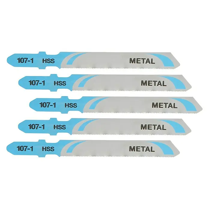 DeWalt Hoja de sierra de calar DT2162-QZ - Metal - Un primer plano de cinco hojas de sierra de metal con detalles azules y las palabras "Metal 107-1 HSS".