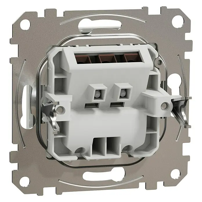 Schneider Electric Sedna Design & Elements Tapa ciega salida de cables - Aluminio, Satinado, Plástico, Montaje en superficie - Primer plano de la parte posterior de un interruptor con marco metálico que muestra el cableado interno.