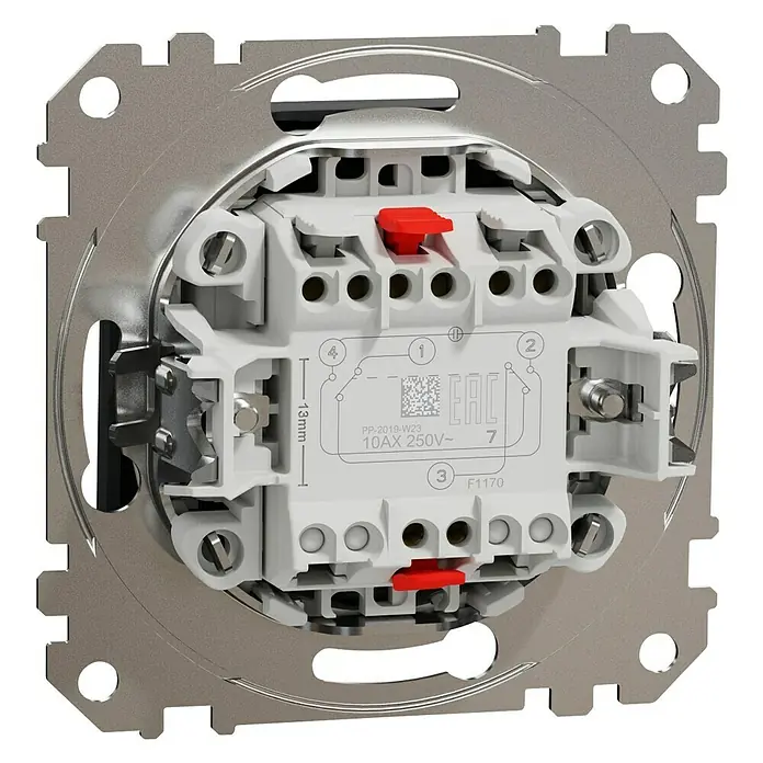Schneider Electric Sedna Design & Elements Cruzamiento - Blanco, Instalar - Primer plano de un producto eléctrico, un mecanismo de interruptor que muestra detalles técnicos y opciones de conexión.
