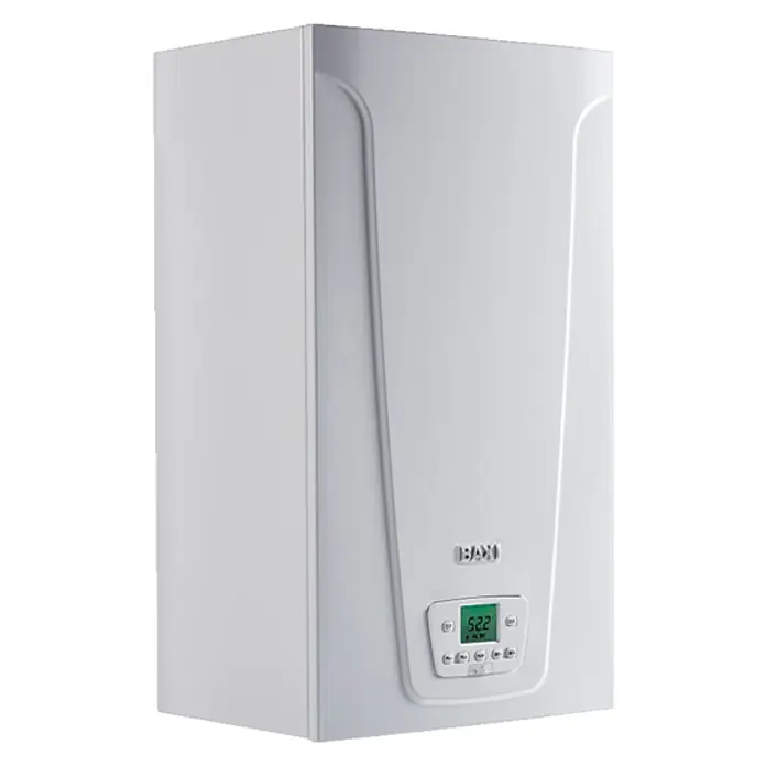 Baxi Caldera Neodens Plus Eco 24 con instalación incluida - 24 kW, 7 l, Display multifunción - Imagen de una caldera de gas blanca moderna de Baxi con pantalla digital y controles, perfecta para sistemas de calefacción eficientes.