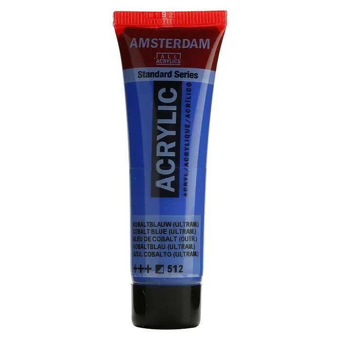 Talens Amsterdam Pintura acrílica Standard - Azul cobalto ultramar, 20 ml, Tubo - Un tubo de pintura acrílica "Amsterdam Standard Series" en Azul Cobalto (Ultramar) con tapón rojo y cierre negro.