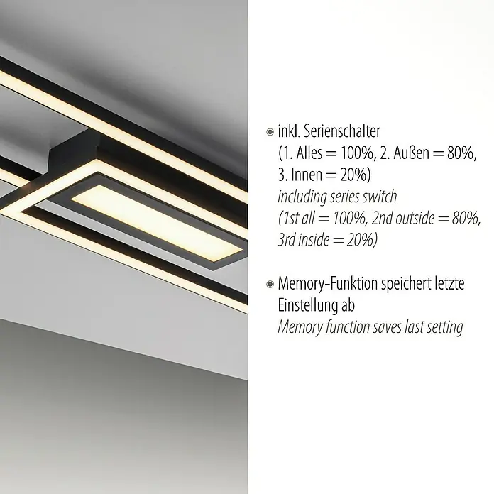 Just Light LED-Deckenleuchte Asmin - 48 W, 95 x 17,5 cm, Schwarz, Warmweiß - Eine moderne LED-Deckenleuchte mit schwarzem Rahmen und warmweißem Licht, inklusive Serienschalter und Memory-Funktion.