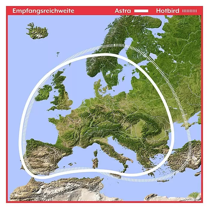 Camping First Satelliten-Antenne Satmex Flat 2 - L x B x H: 480 x 525 x 150 mm, Anzahl Nutzer: 2 - Karte Europas mit Astra (durchgezogene Linie) und Hotbird (gestrichelte Linie) Satelliten-Empfangsreichweiten.