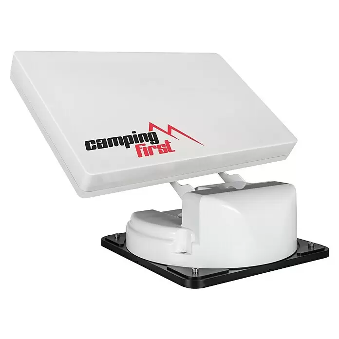 Camping First Satelliten-Antenne Satmex Flat 2 - L x B x H: 480 x 525 x 150 mm, Anzahl Nutzer: 2 - Weiße mobile Satellitenantenne mit "camping first" Logo auf der Oberseite, auf schwarzem Sockel.